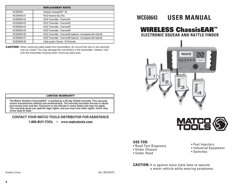 MATCO TOOLS WIRELESS CHASSISEAR WCE60643 USER MANUAL Pdf Download
