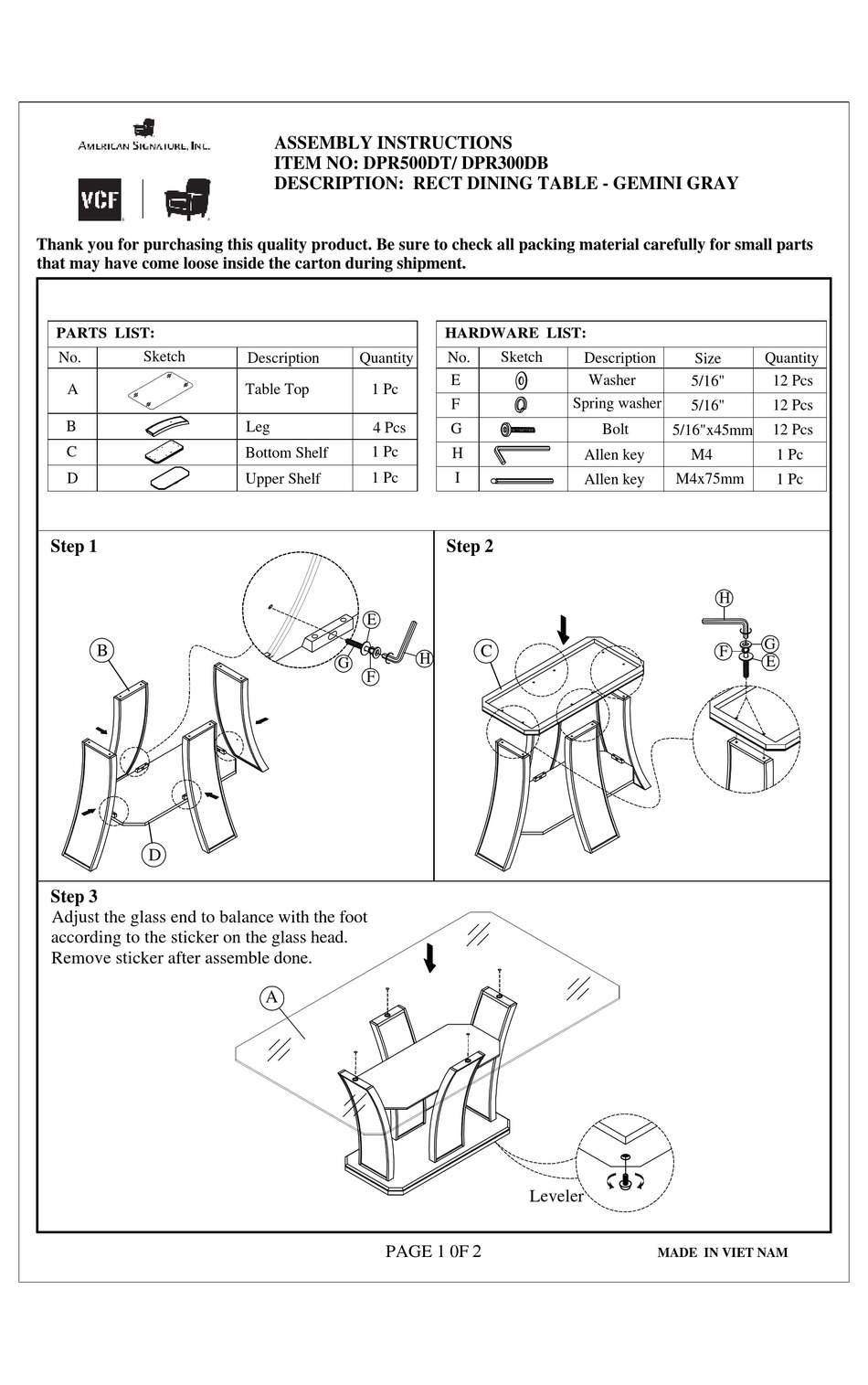 AMERICAN SIGNATURE DPR500DT ASSEMBLY INSTRUCTIONS Pdf Download ManualsLib