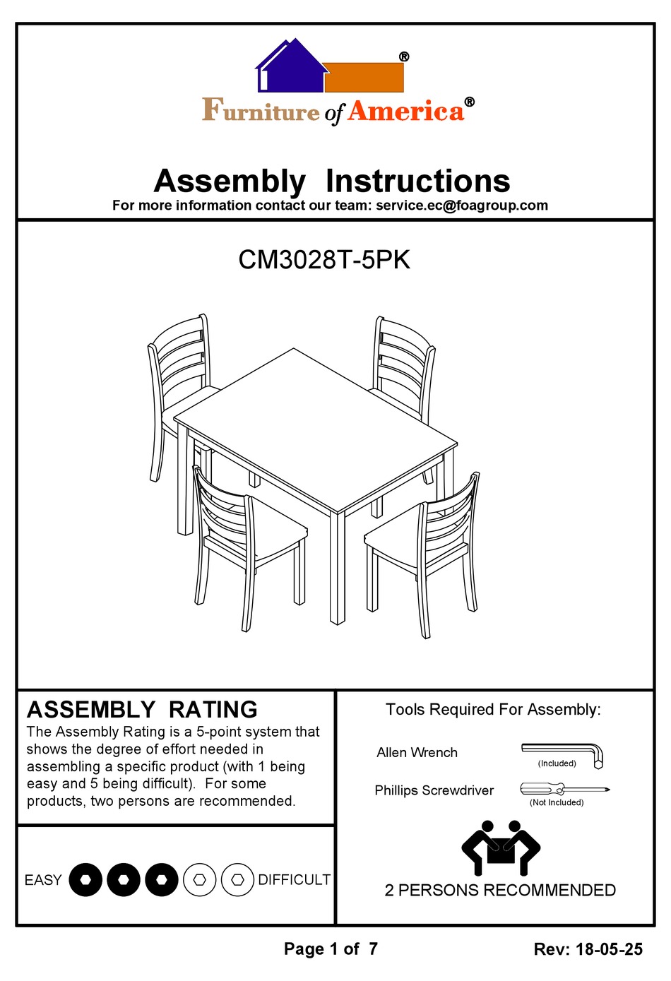 FURNITURE OF AMERICA CM3028T5PK ASSEMBLY INSTRUCTIONS MANUAL Pdf
