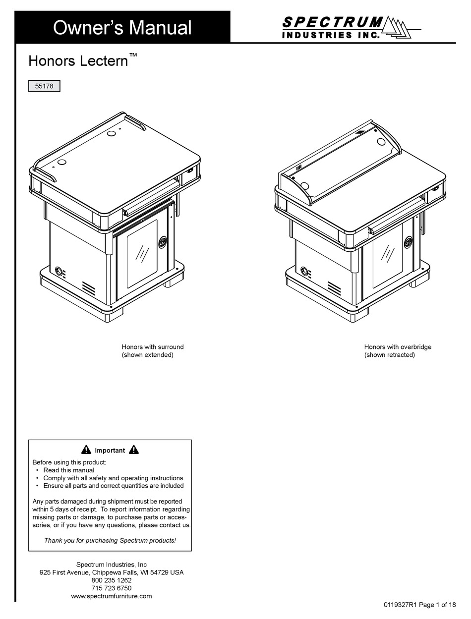 SPECTRUM INDUSTRIES HONORS LECTERN 55178 OWNER S MANUAL Pdf