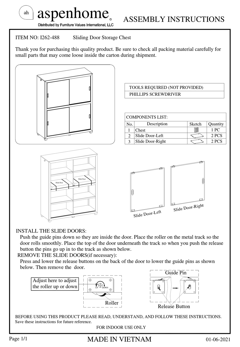 FURNITURE VALUES INTERNATIONAL ASPENHOME I262488 ASSEMBLY INSTRUCTIONS