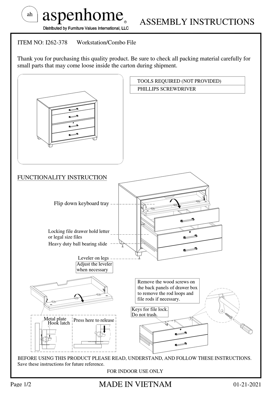 FURNITURE VALUES INTERNATIONAL ASPENHOME I262378 ASSEMBLY INSTRUCTIONS