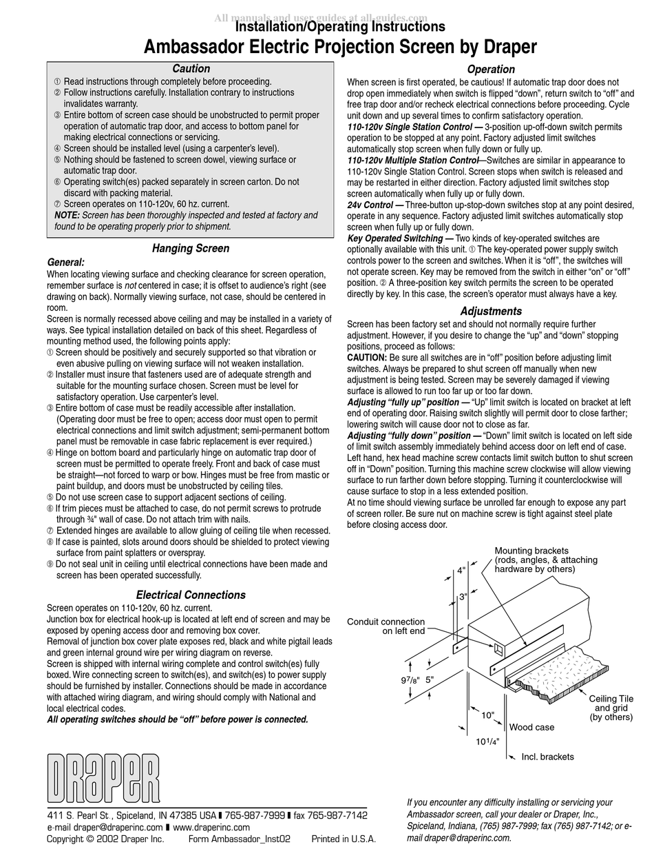 DRAPER AMBASSADOR INSTALLATION & OPERATING INSTRUCTIONS Pdf Download
