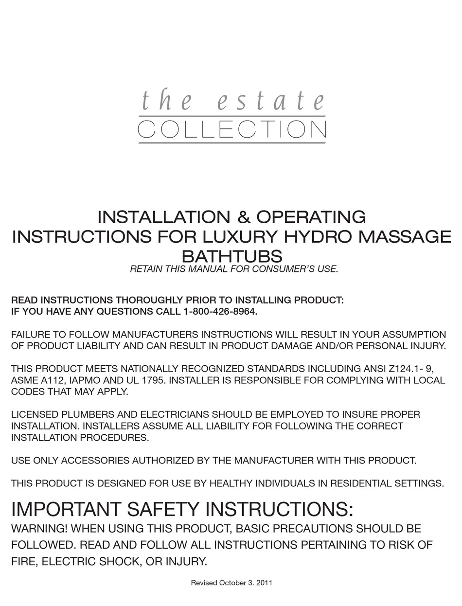 COSTCO THE ESTATE 507190 INSTALLATION INSTRUCTIONS MANUAL Pdf Download