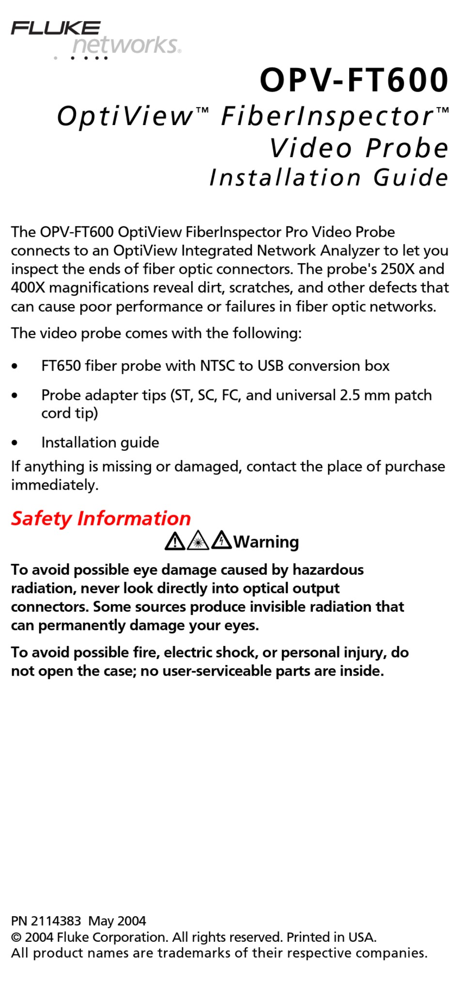 FLUKE OPTIVIEW FIBERINSPECTOR OPVFT600 INSTALLATION MANUAL Pdf