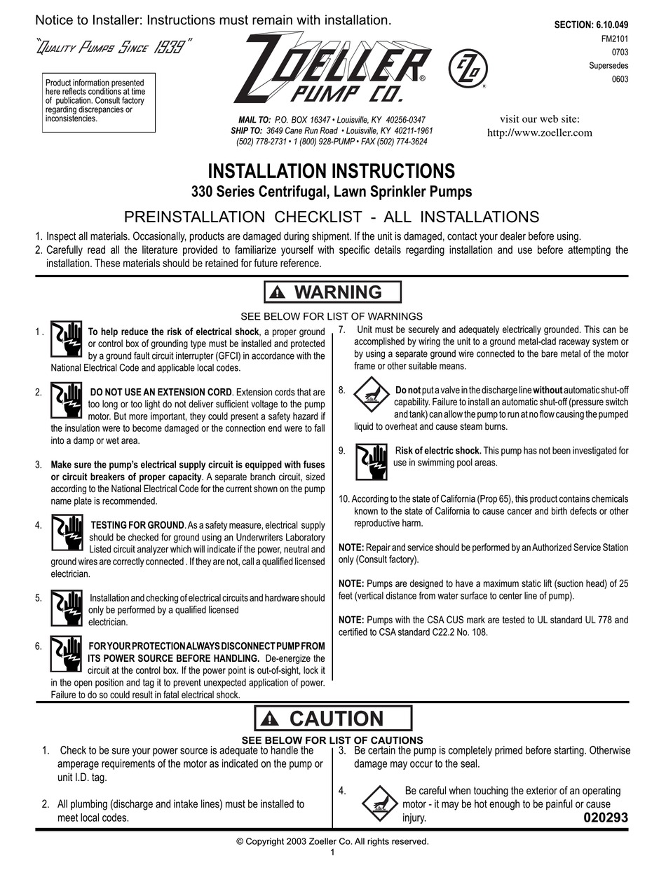 ZOELLER 330 SERIES INSTALLATION INSTRUCTIONS MANUAL Pdf Download