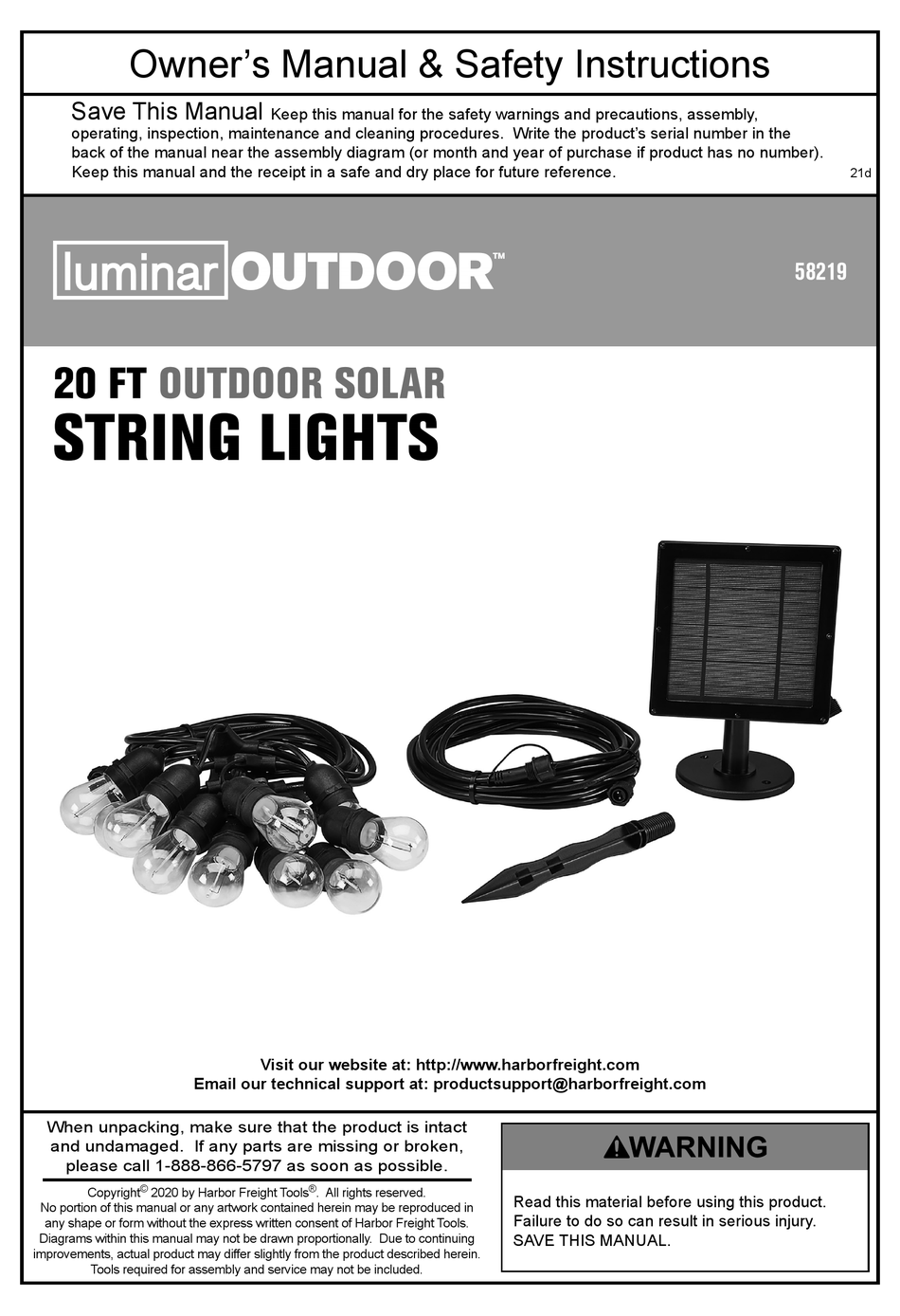 luminar OUTDOOR 58219 20 ft Outdoor Solar String Lights Owner's Manual