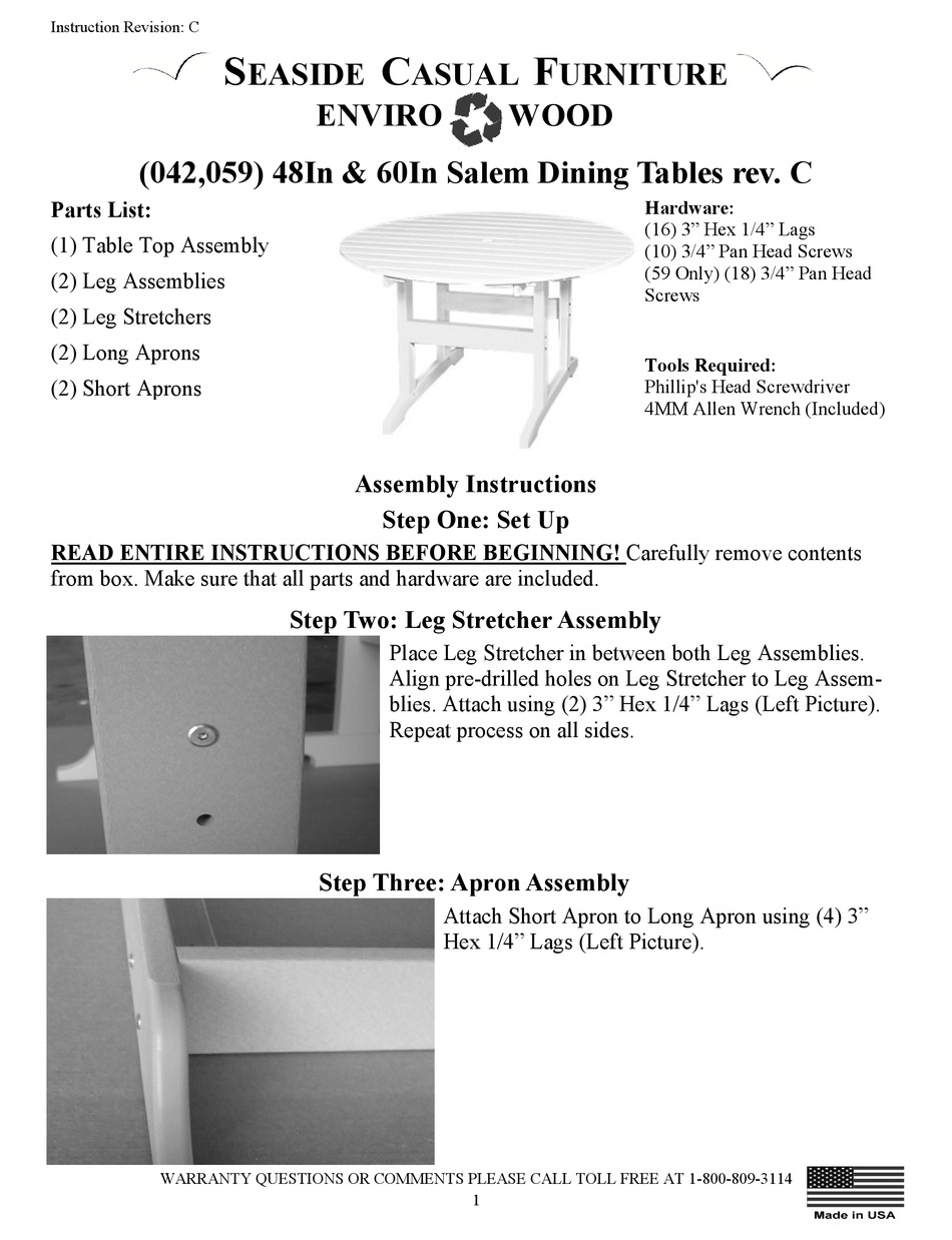 SEASIDE CASUAL FURNITURE SALEM 042 ASSEMBLY INSTRUCTIONS Pdf Download