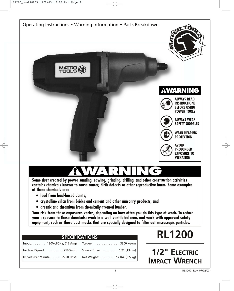 MATCO TOOLS RL1200 OPERATING INSTRUCTIONS MANUAL Pdf Download ManualsLib