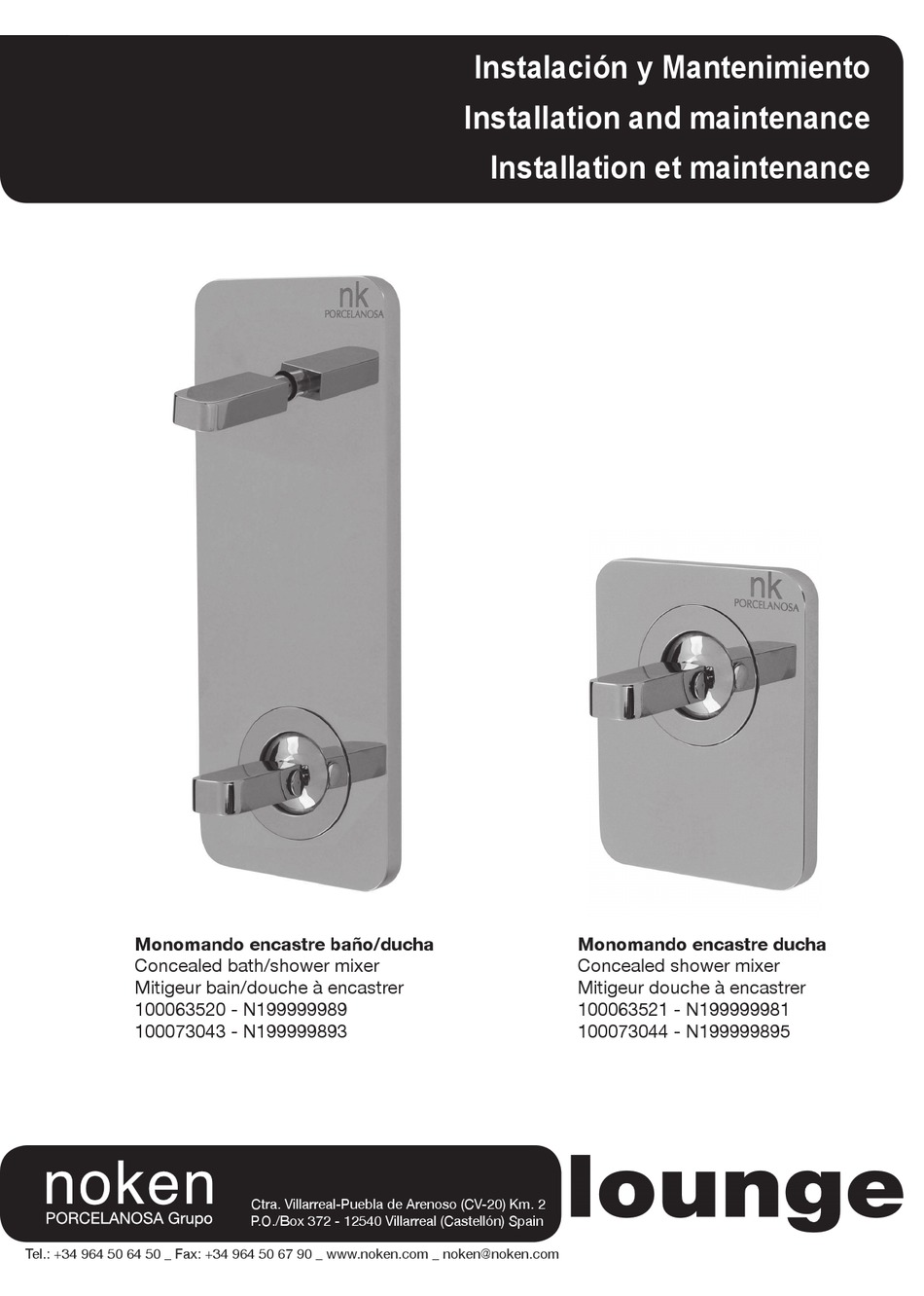 PORCELANOSA NOKEN LOUNGE 100063520 INSTALLATION AND MAINTENANCE MANUAL