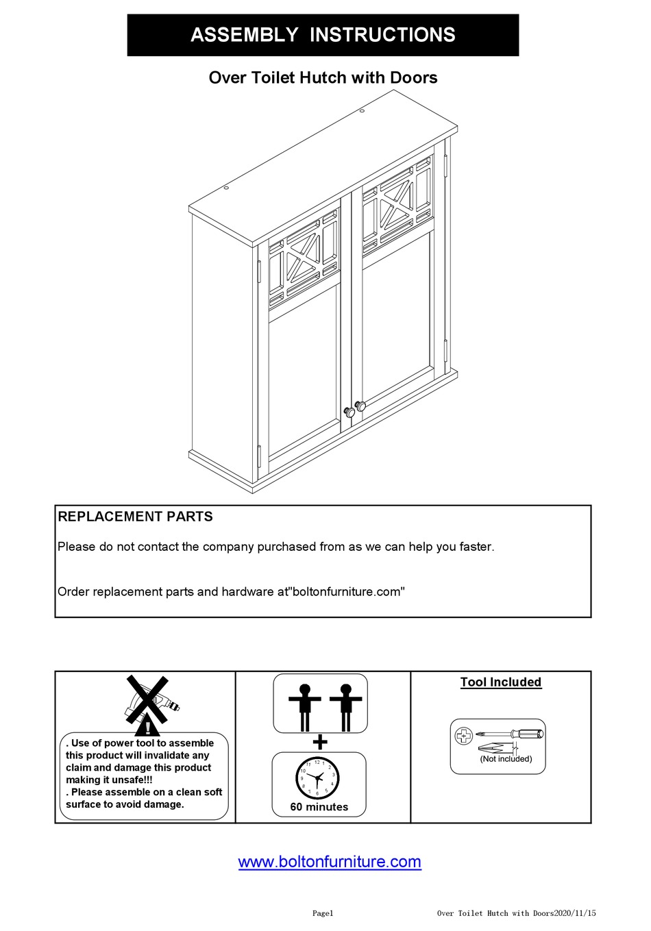 BOLTON FURNITURE OVER TOILET HUTCH WITH DOORS ASSEMBLY INSTRUCTIONS