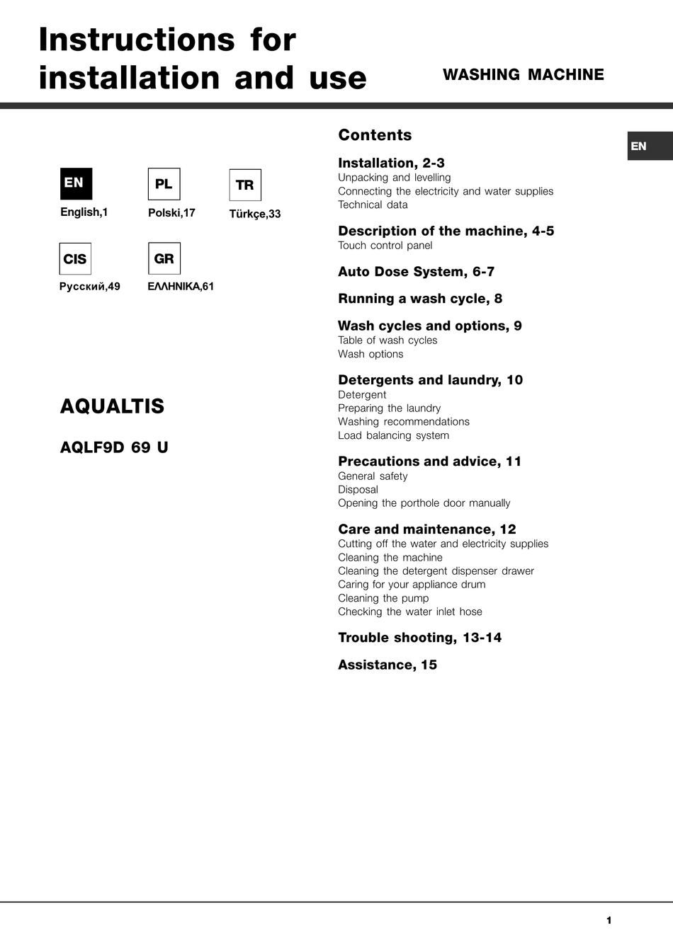 Hotpoint Aqualtis Instructions