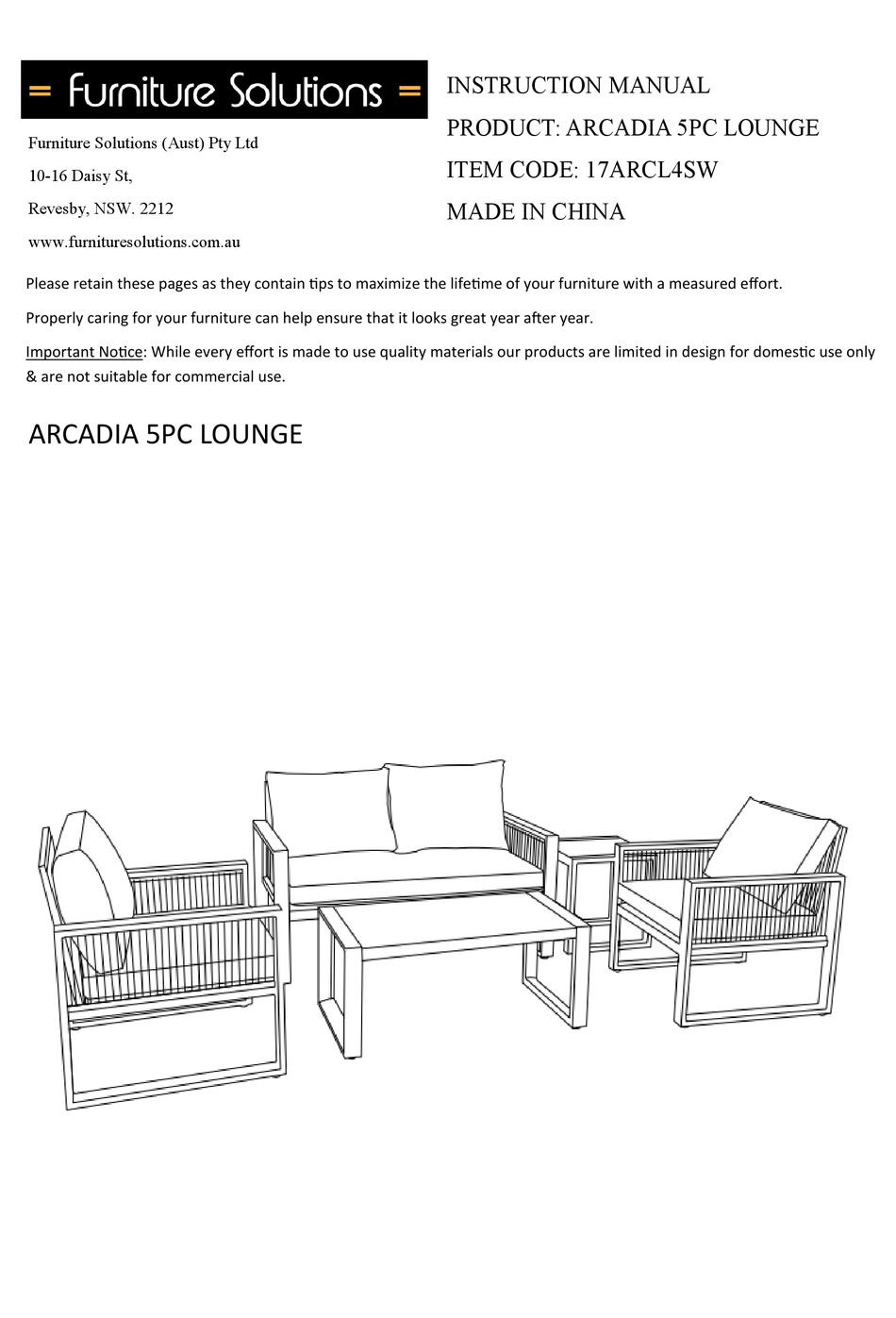 FURNITURE SOLUTIONS ARCADIA 17ARCL4SW INSTRUCTION MANUAL Pdf Download