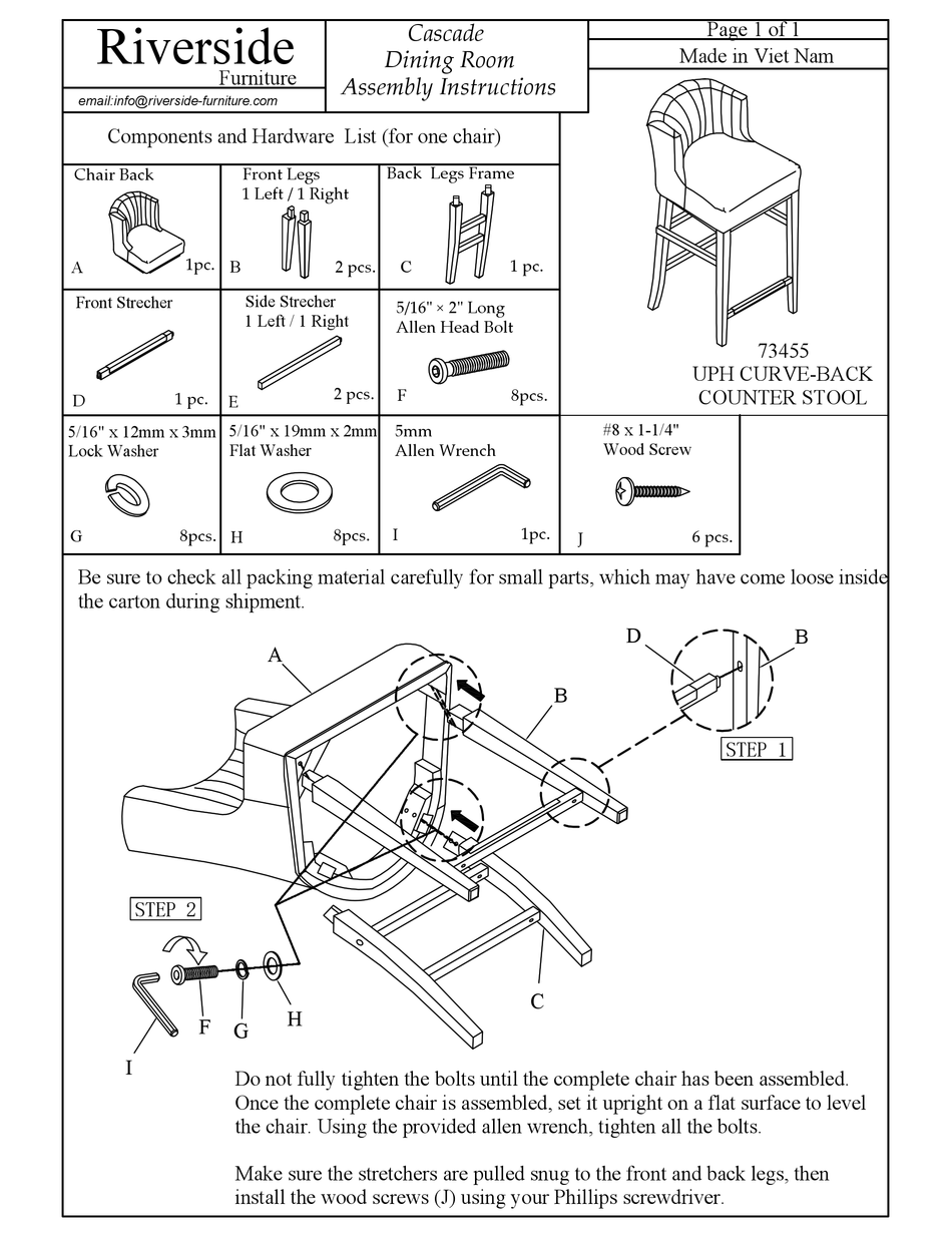 RIVERSIDE FURNITURE CASCADE DINING ROOM 73455 ASSEMBLY INSTRUCTIONS Pdf