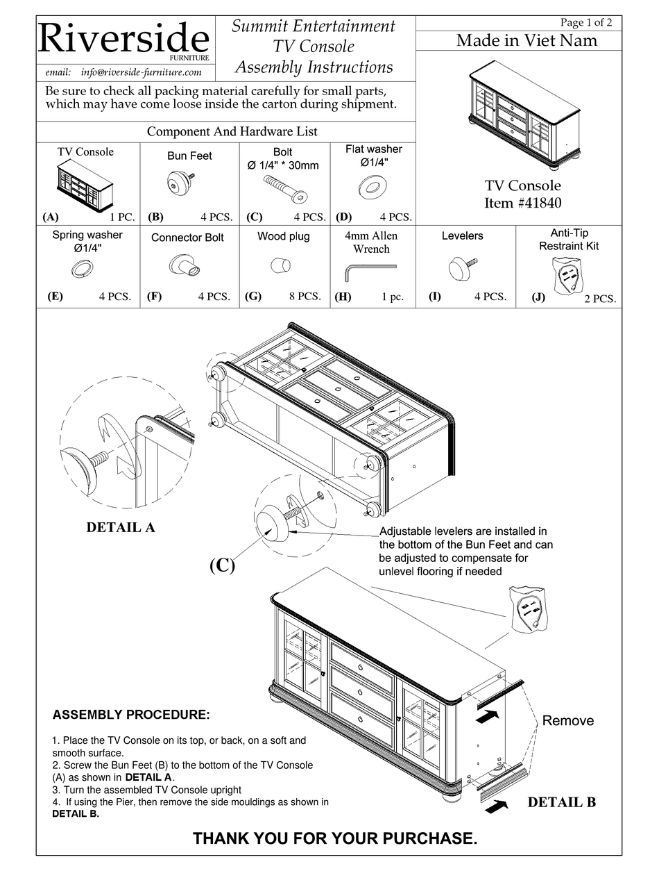 RIVERSIDE FURNITURE 41840 ASSEMBLY INSTRUCTIONS Pdf Download ManualsLib