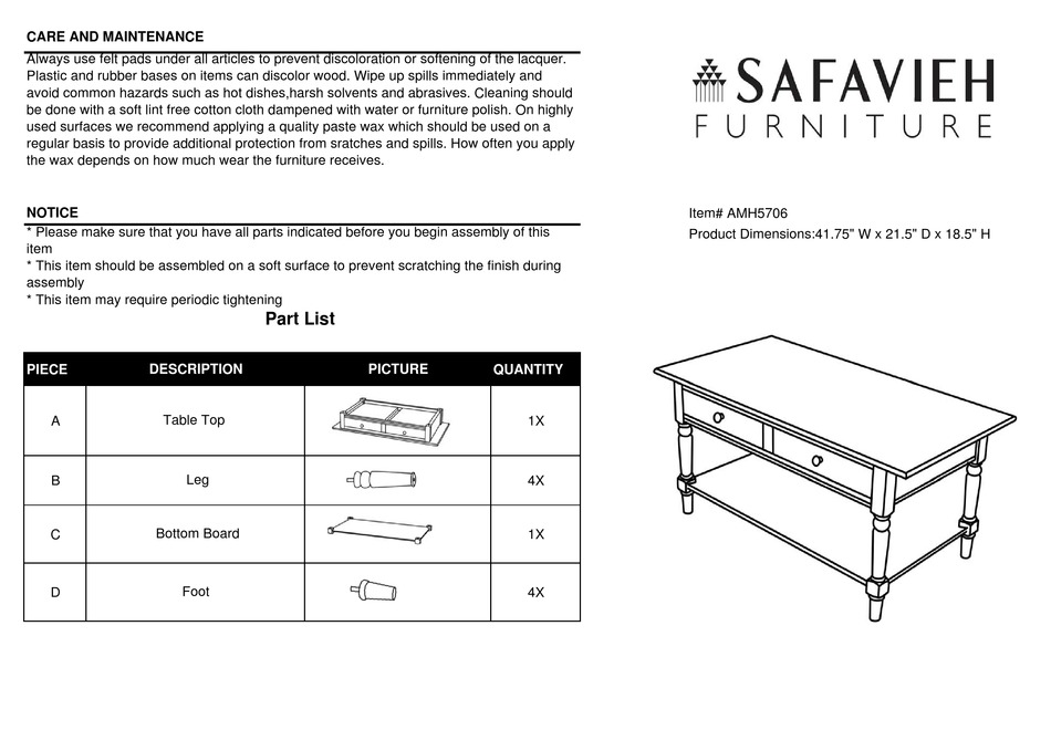 SAFAVIEH FURNITURE AMH5706 QUICK START MANUAL Pdf Download ManualsLib