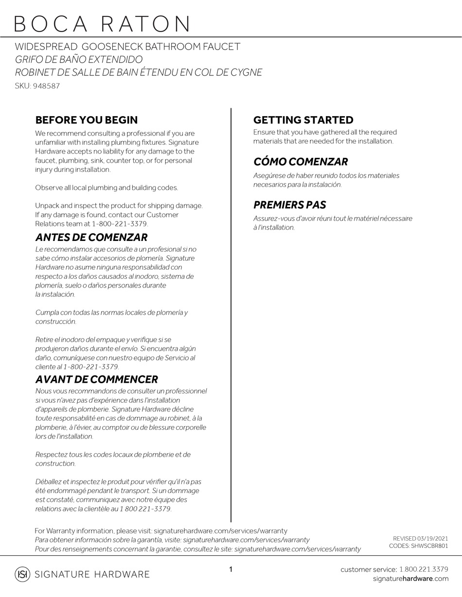 SIGNATURE HARDWARE BOCA RATON 948587 INSTALLATION INSTRUCTIONS MANUAL