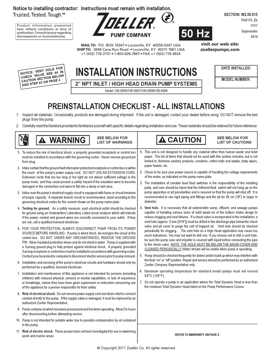 ZOELLER 135-0006 INSTALLATION INSTRUCTIONS MANUAL Pdf Download | ManualsLib