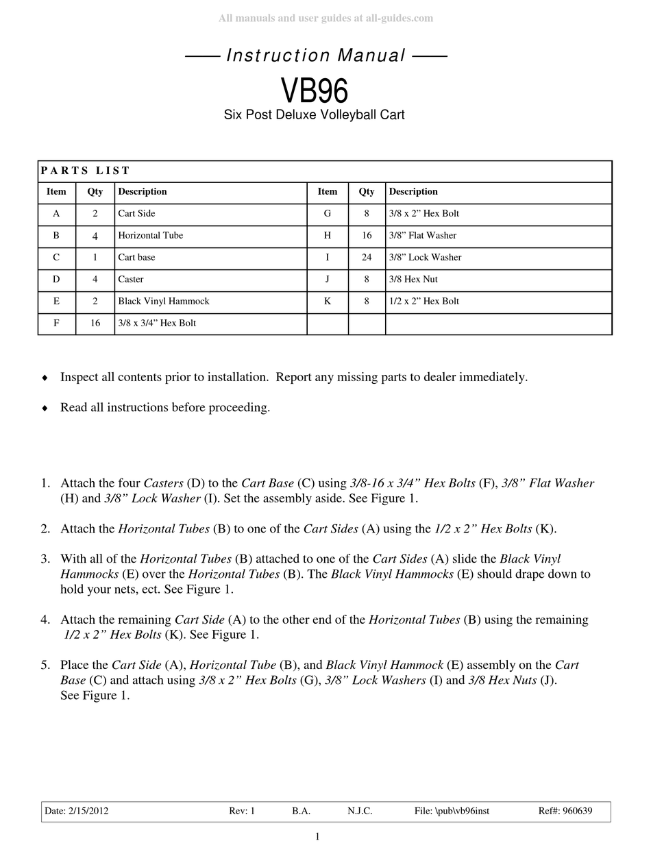 BISON SIX POST DELUXE VOLLEYBALL CART VB96 INSTRUCTION MANUAL Pdf