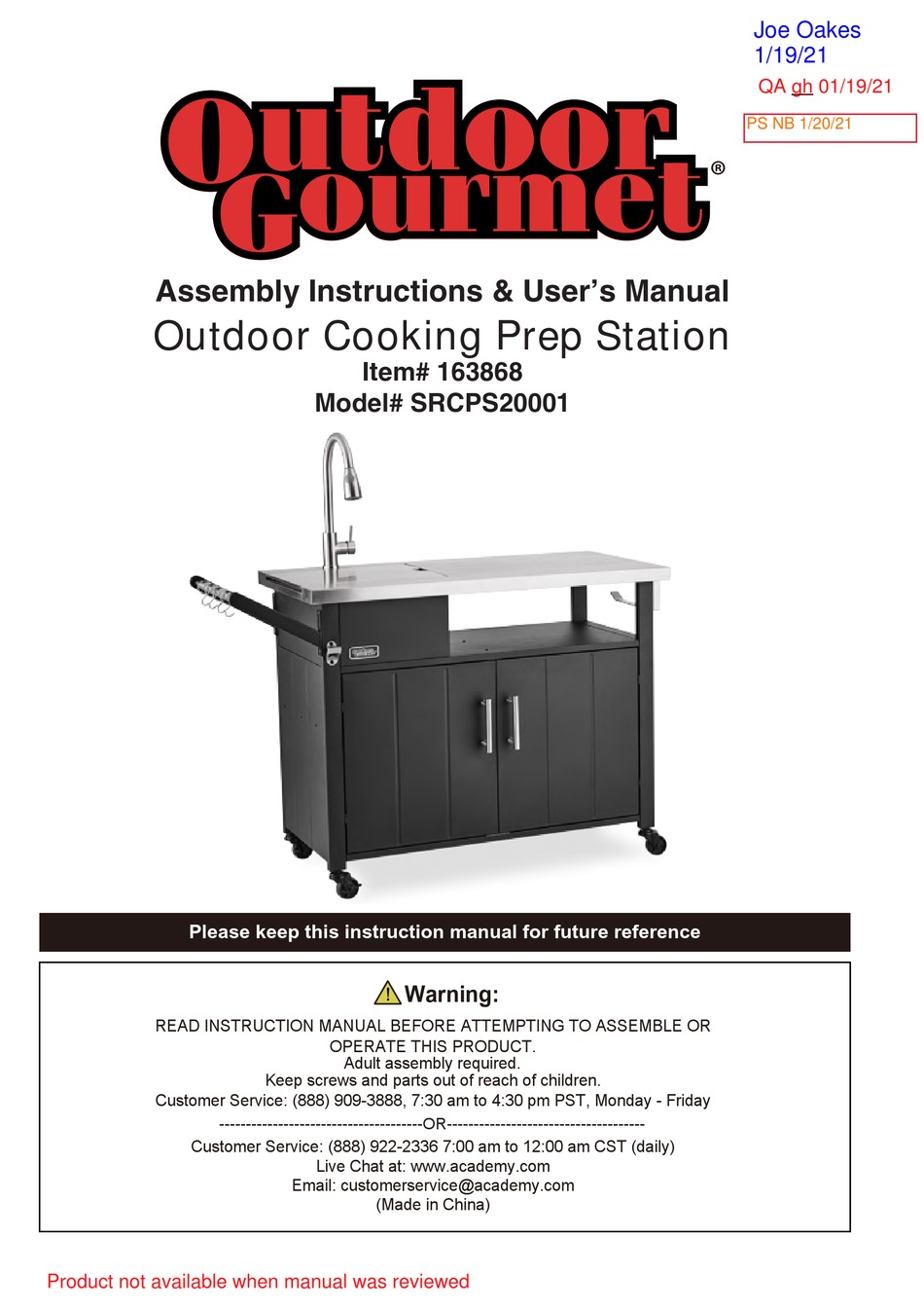 OUTDOOR GOURMET SRCPS20001 ASSEMBLY INSTRUCTIONS & USER MANUAL Pdf