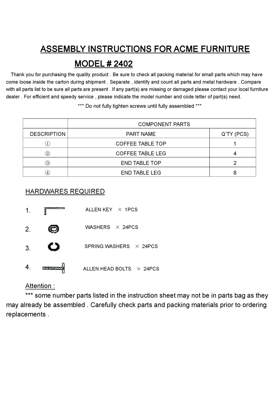 ACME FURNITURE 2402 ASSEMBLY INSTRUCTIONS Pdf Download ManualsLib