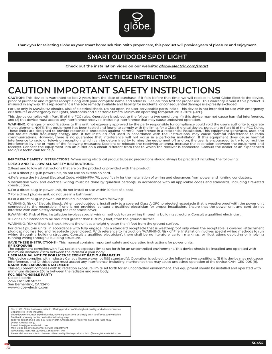 GLOBE 50454 INSTRUCTIONS MANUAL Pdf Download ManualsLib