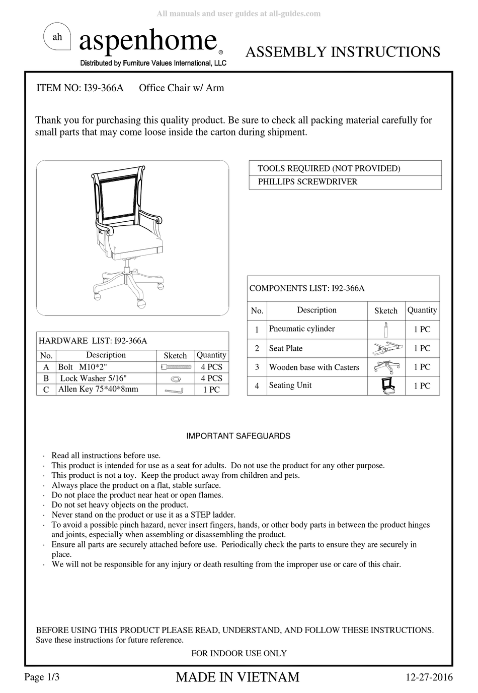 FURNITURE VALUES INTERNATIONAL ASPENHOME I39366A ASSEMBLY INSTRUCTIONS