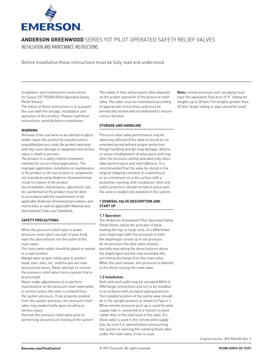 EMERSON ANDERSON GREENWOOD 93 SERIES INSTALLATION AND MAINTENANCE