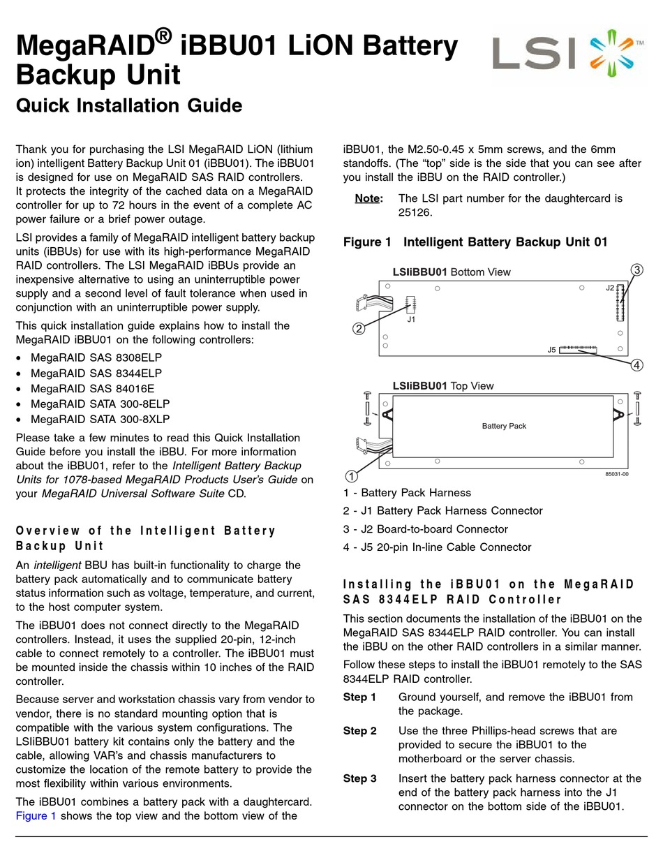 LSI MEGARAID IBBU01 QUICK INSTALLATION MANUAL Pdf Download ManualsLib