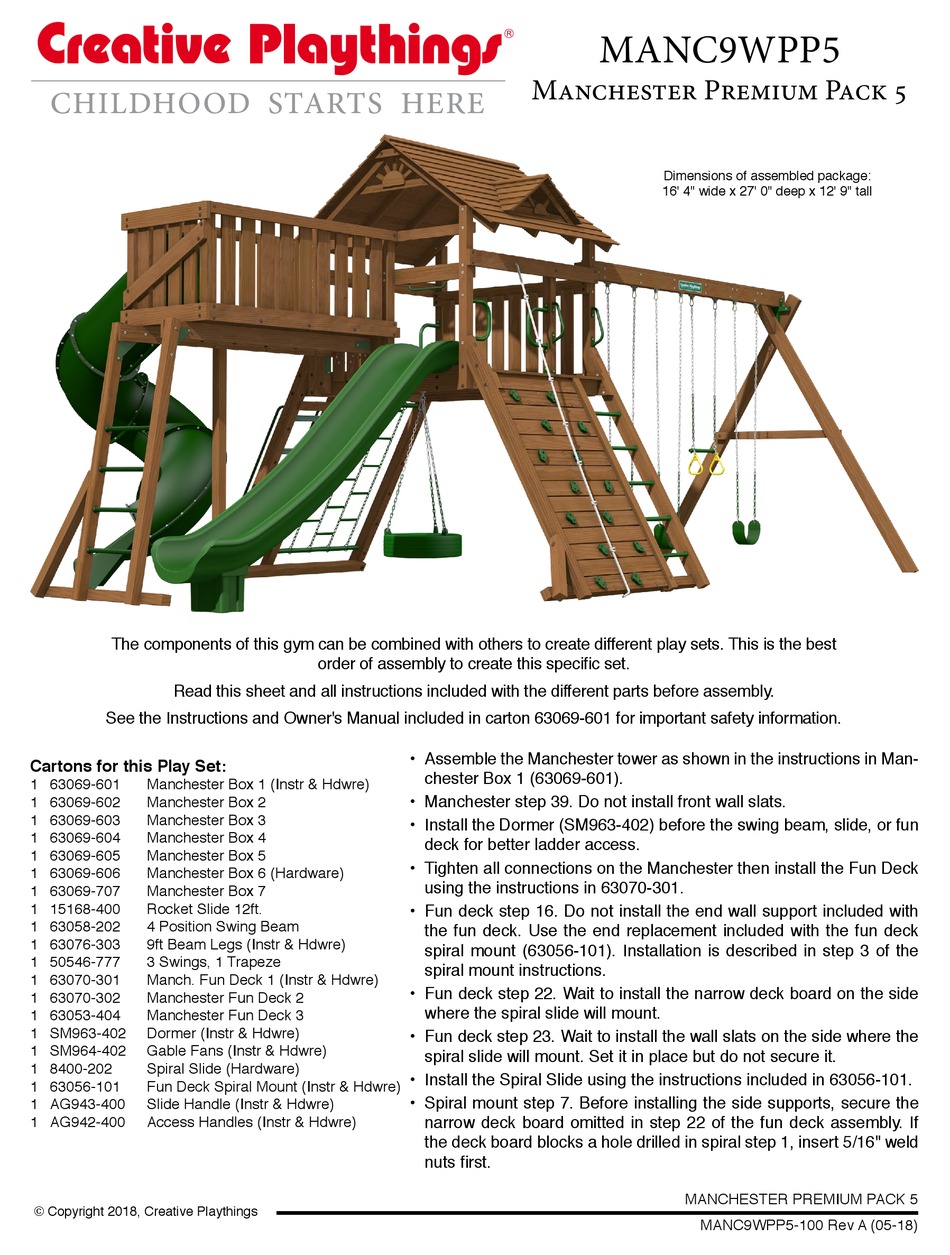 CREATIVE PLAYTHINGS MANCHESTER PREMIUM PACK 5 QUICK START MANUAL Pdf