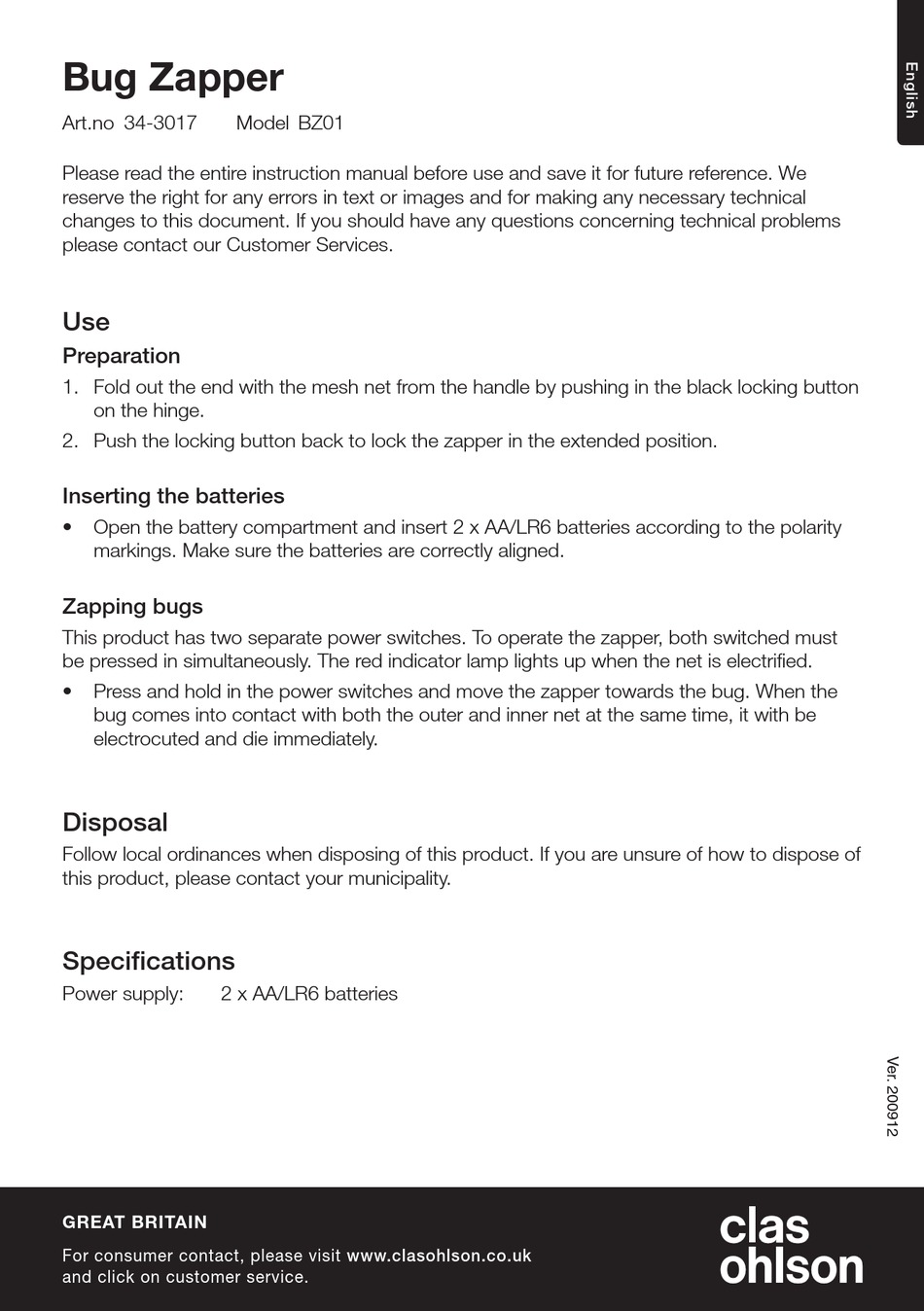 CLAS OHLSON BUG ZAPPER QUICK START MANUAL Pdf Download ManualsLib
