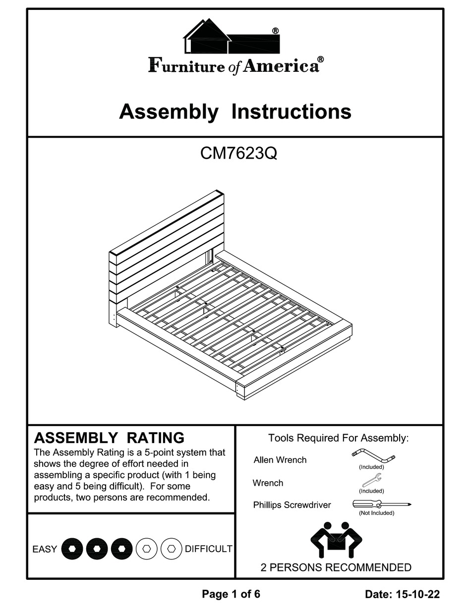 FURNITURE OF AMERICA COIMBRA EASTERN CM7623Q ASSEMBLY INSTRUCTIONS