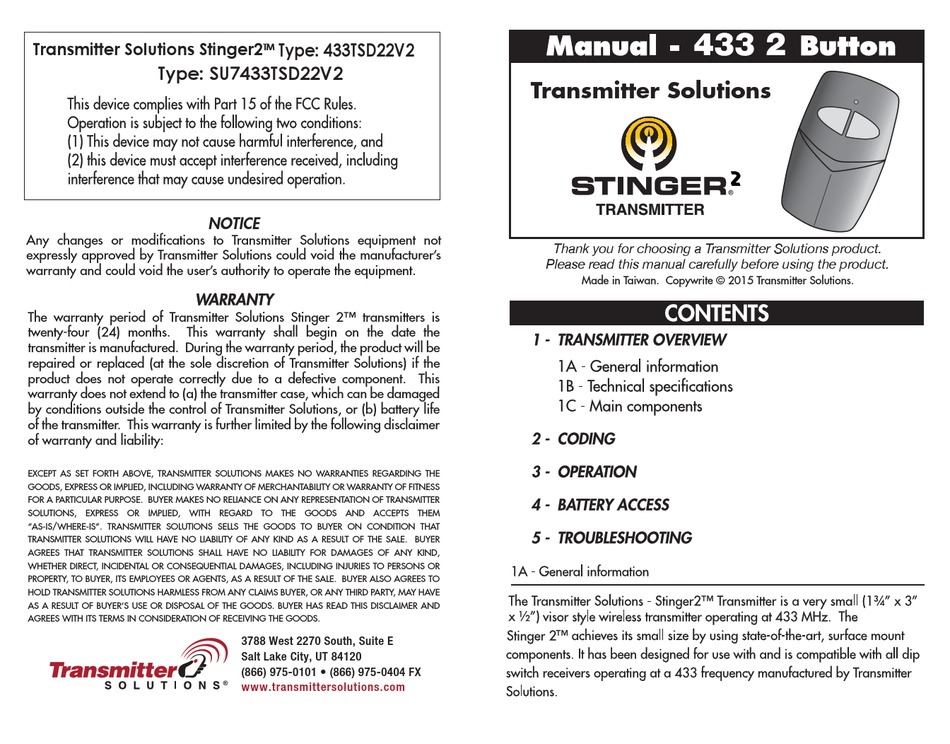 TRANSMITTER SOLUTIONS STINGER2 433TSD22V2 MANUAL Pdf Download ManualsLib