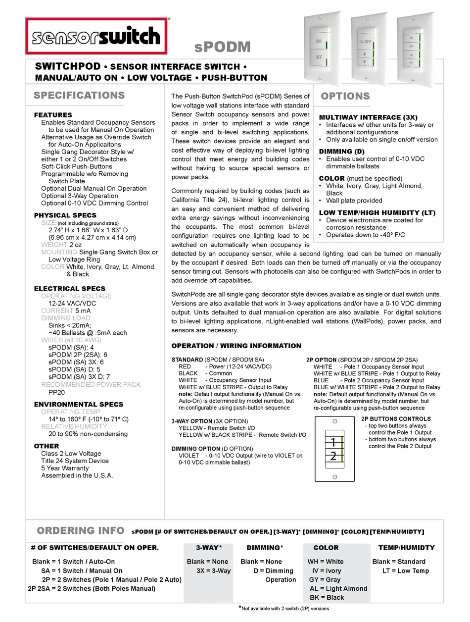 ACUITY BRANDS SENSORSWITCH SPODM SERIES MANUAL Pdf Download ManualsLib