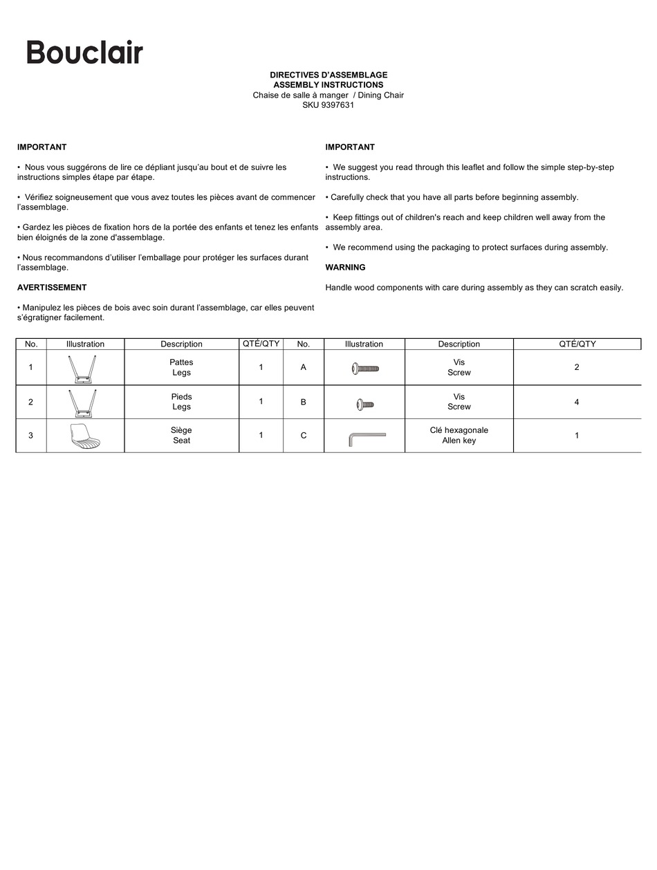 BOUCLAIR 9397631 ASSEMBLY INSTRUCTIONS Pdf Download ManualsLib