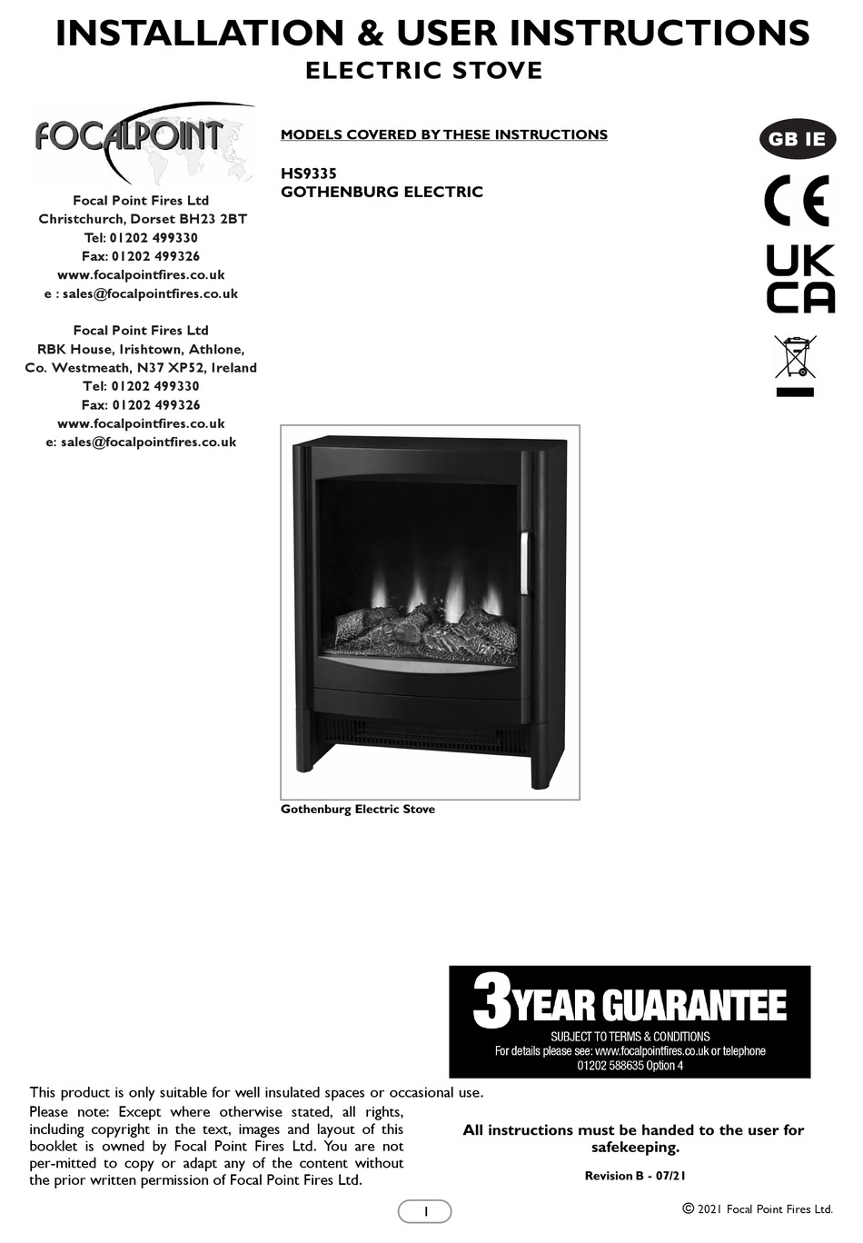 FOCAL POINT GOTHENBURG HS9335 INSTALLATION & USER'S INSTRUCTIONS Pdf