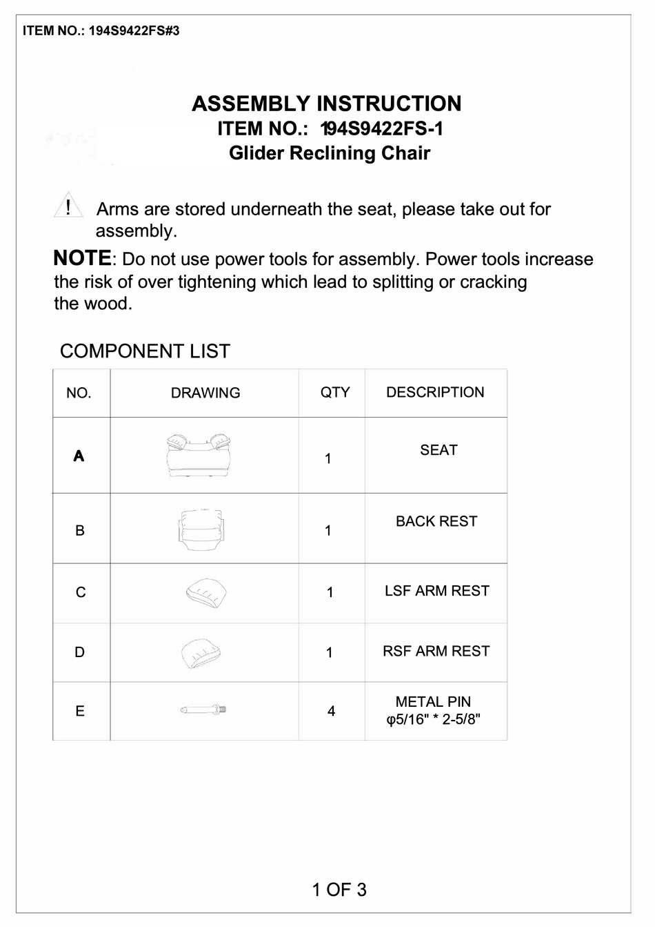 OVERSTOCK 194S9422FS1 ASSEMBLY INSTRUCTION MANUAL Pdf Download