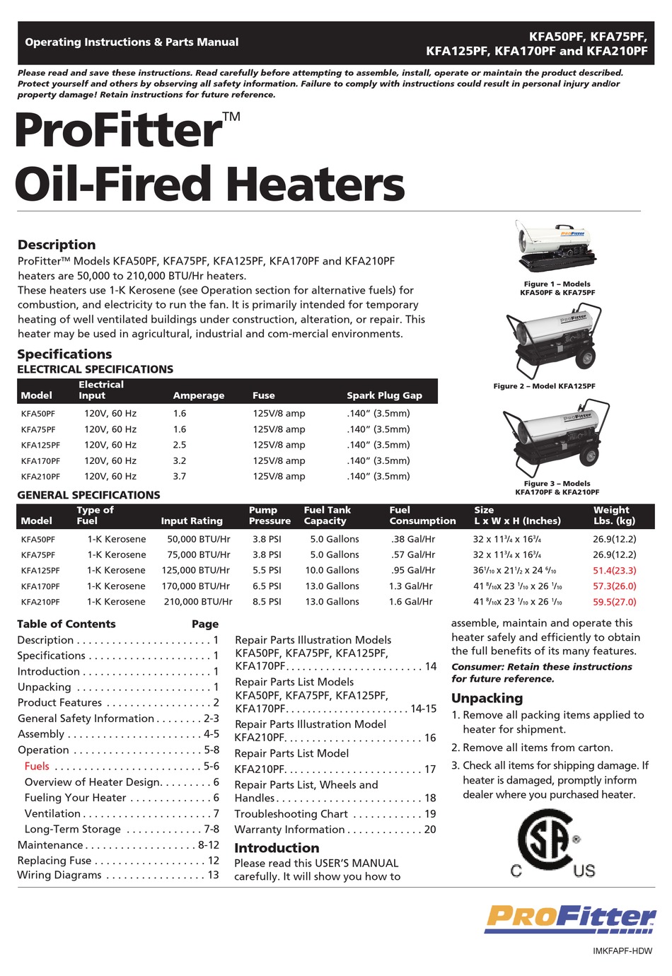 PROFITTER KFA50PF OPERATING INSTRUCTIONS & PARTS MANUAL Pdf Download