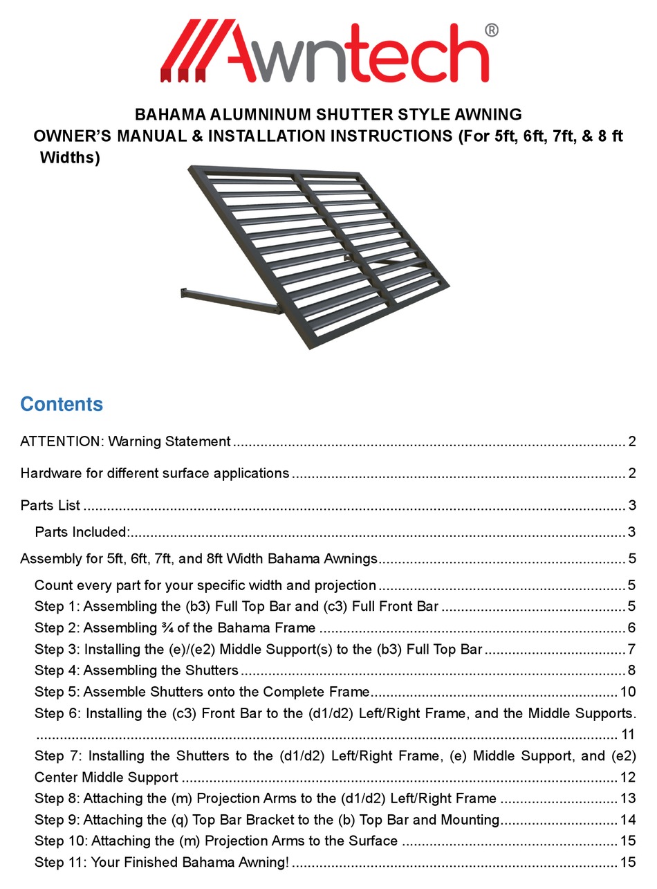 AWNTECH BAHAMA OWNER'S MANUAL & INSTALLATION INSTRUCTIONS Pdf Download