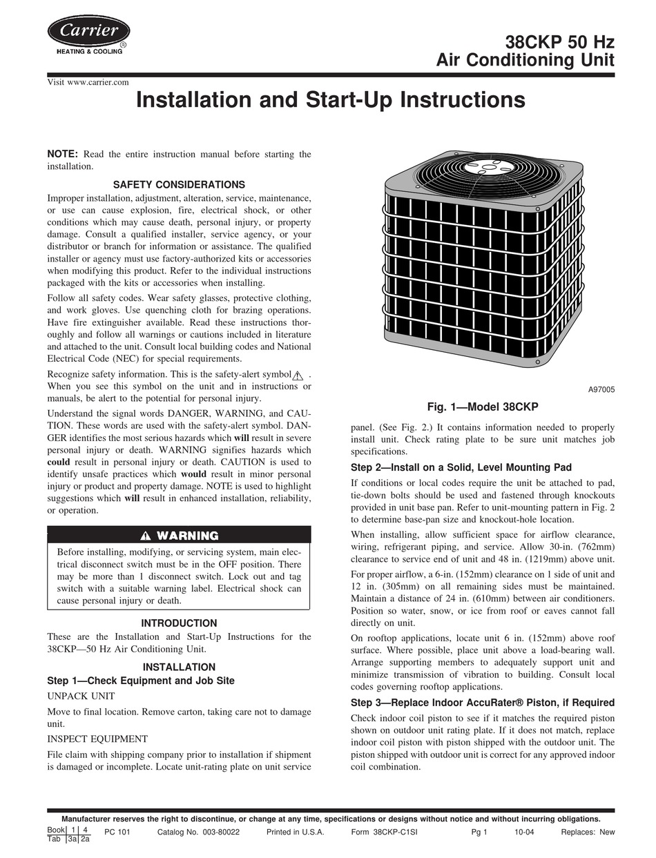 CARRIER 38CKP INSTALLATION AND START-UP INSTRUCTIONS MANUAL Pdf ...