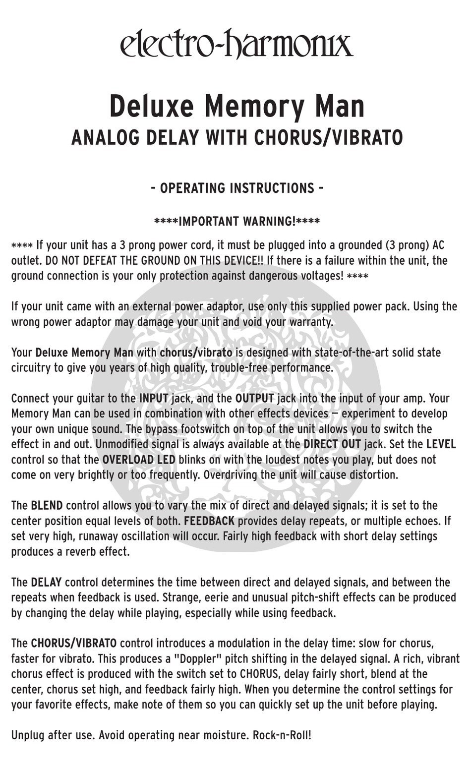 ELECTROHARMONIX DELUXE MEMORY MAN OPERATING INSTRUCTIONS Pdf Download