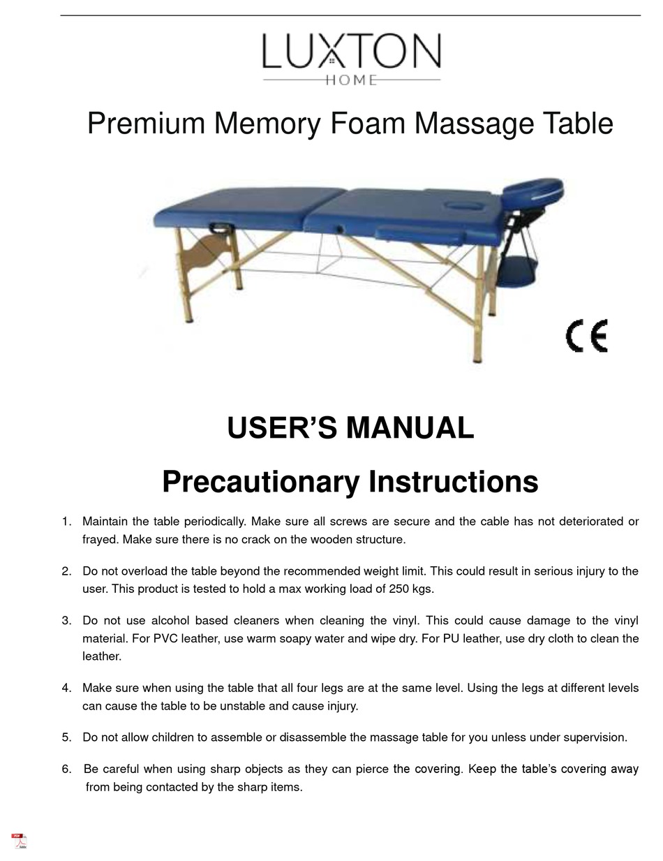 LUXTON HOME PREMIUM MEMORY FOAM MASSAGE TABLE USER MANUAL Pdf Download