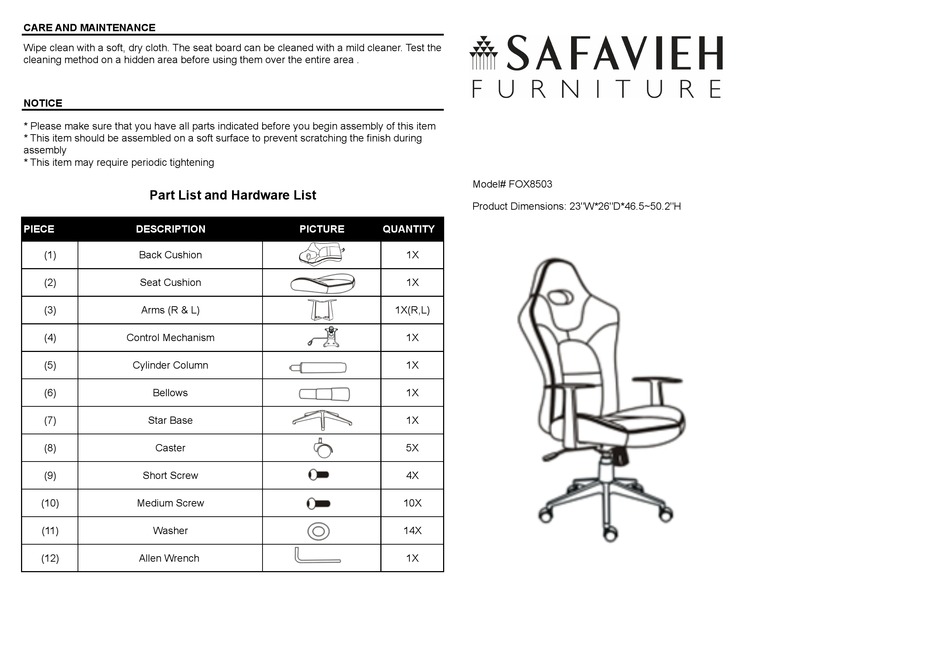 SAFAVIEH FURNITURE FOX8503 ASSEMBLY INSTRUCTIONS Pdf Download ManualsLib