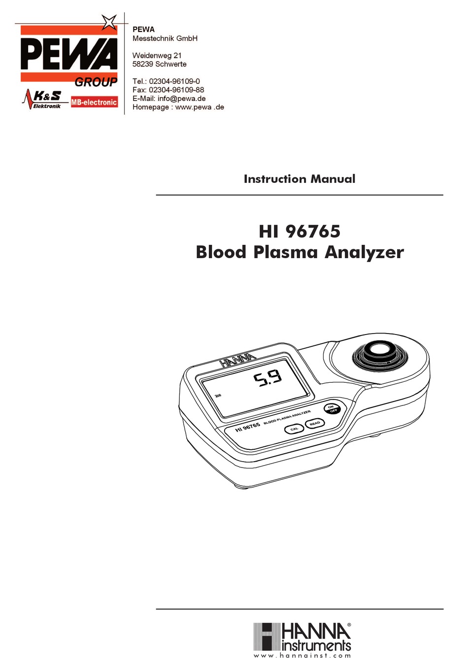 HANNA INSTRUMENTS PEWA HI 96765 INSTRUCTION MANUAL Pdf Download