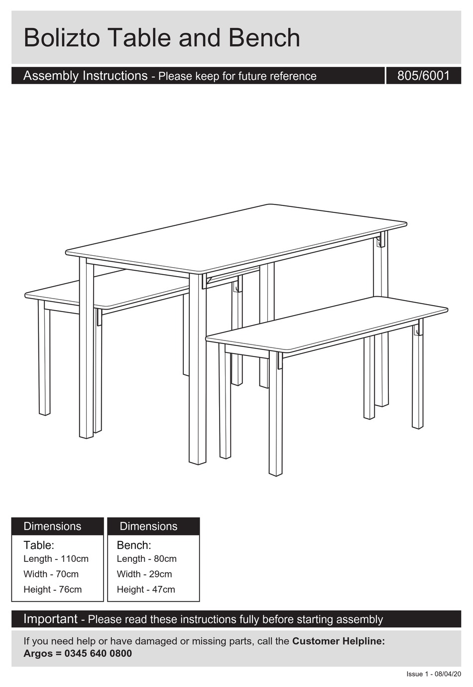 ARGOS BOLIZTO 805/6001 ASSEMBLY INSTRUCTIONS MANUAL Pdf Download