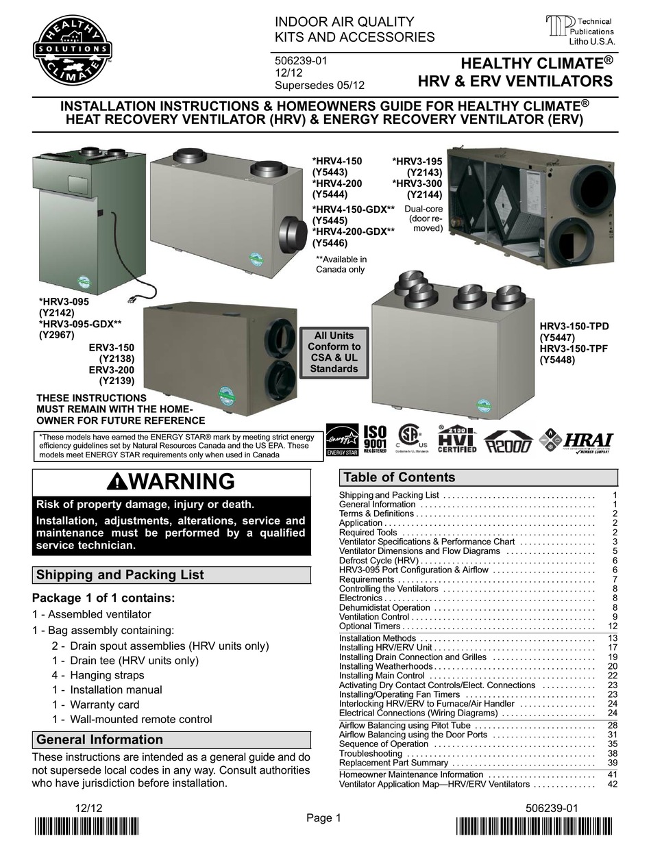 HEALTHY CLIMATE SOLUTIONS HEALTHY CLIMATE HRV3095 INSTALLATION INSTRUCTIONS MANUAL Pdf Download