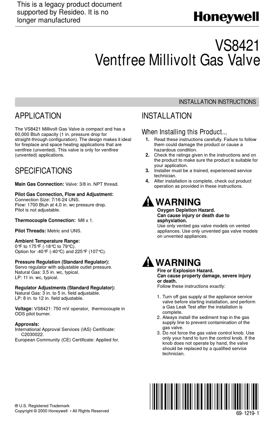 HONEYWELL VS8421 INSTALLATION INSTRUCTIONS MANUAL Pdf Download | ManualsLib