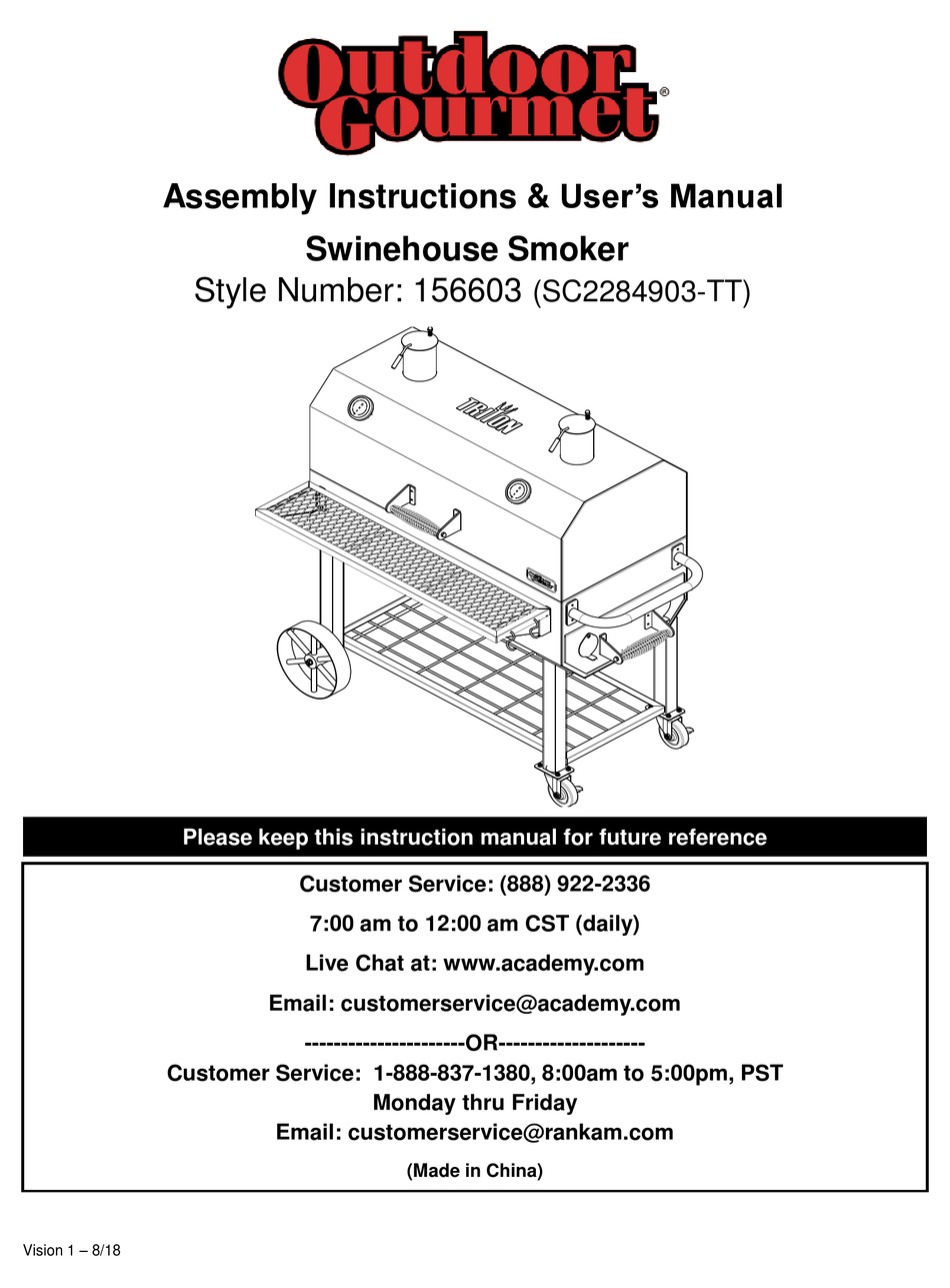 OUTDOOR GOURMET SWINEHOUSE 156603 ASSEMBLY INSTRUCTIONS & USER MANUAL