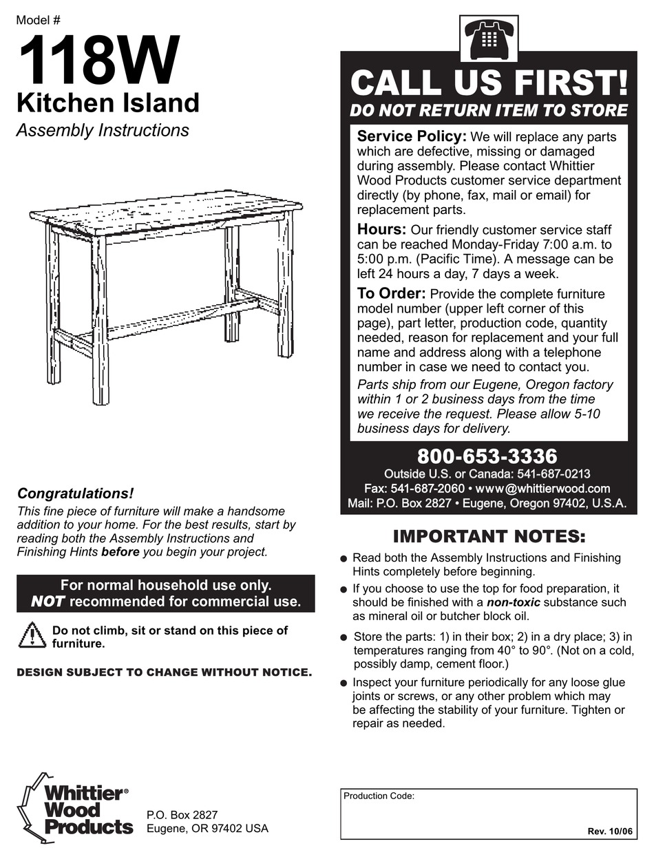 WHITTIER WOOD PRODUCTS 118W ASSEMBLY INSTRUCTIONS MANUAL Pdf Download