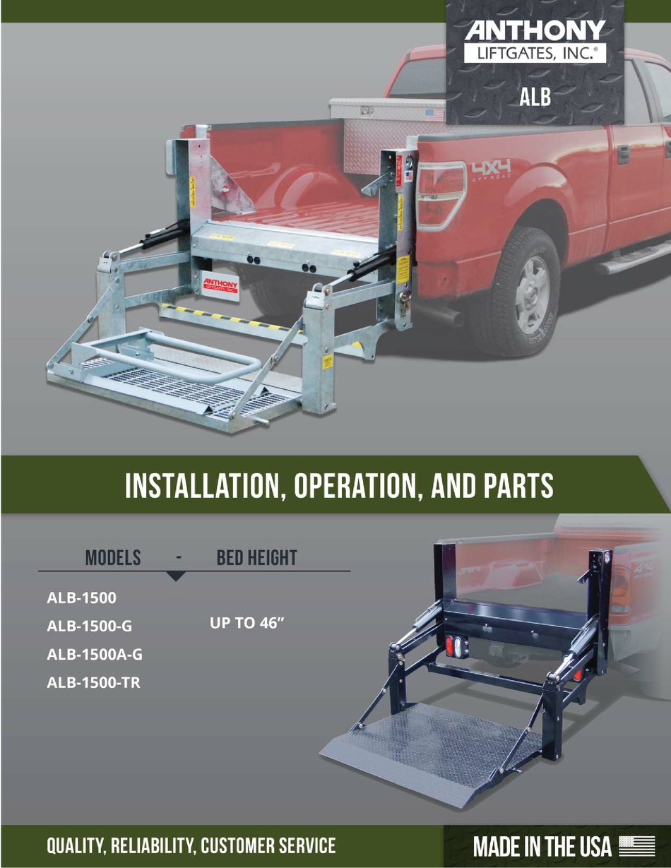 ANTHONY LIFTGATES ALB1500 INSTALLATION, OPERATION, AND PARTS MANUAL